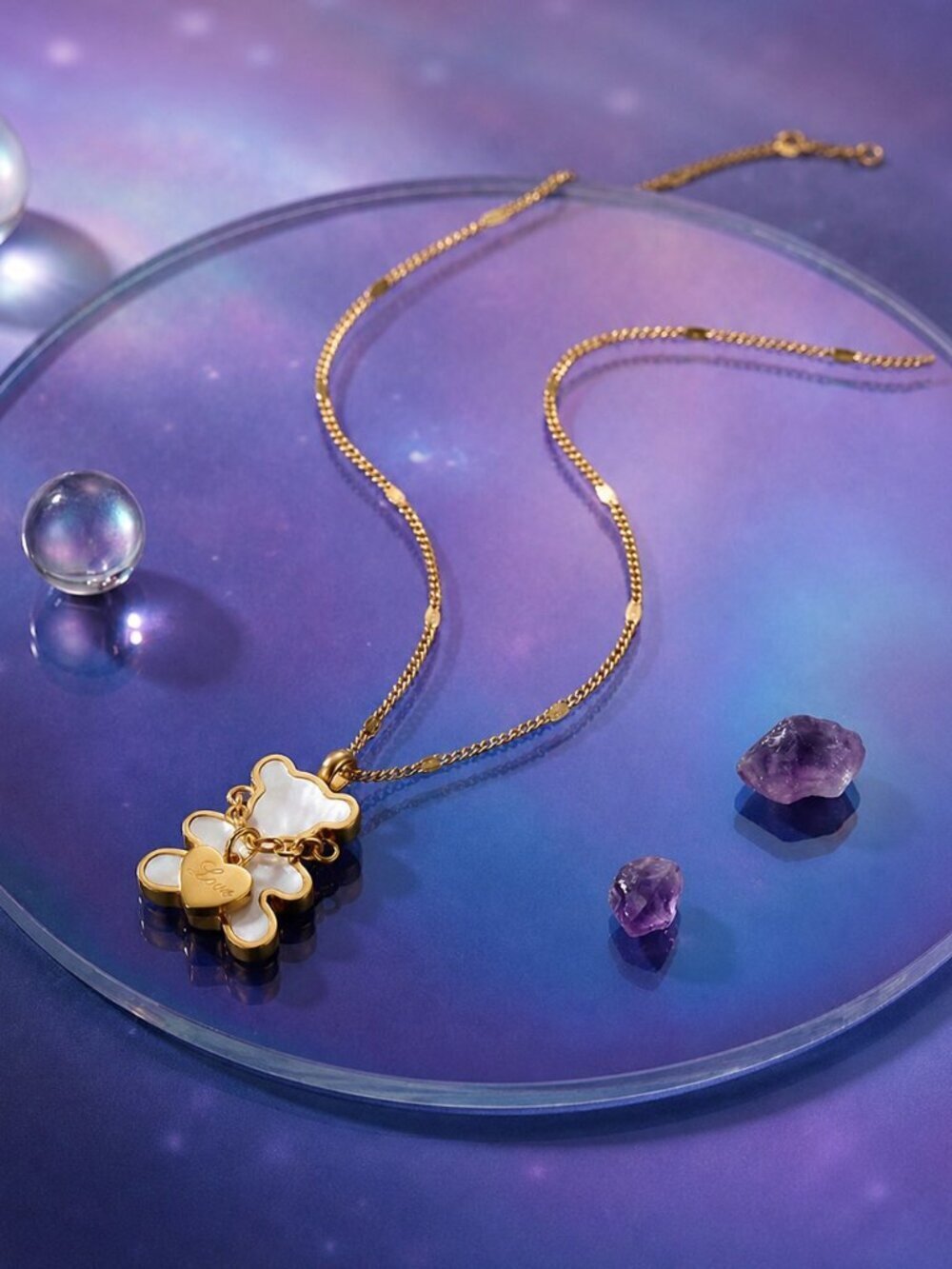 18K Gold Plated SS Shell Teddy Bear Necklace Love Heart Coquette Balletcore 16in - Picture 6 of 17